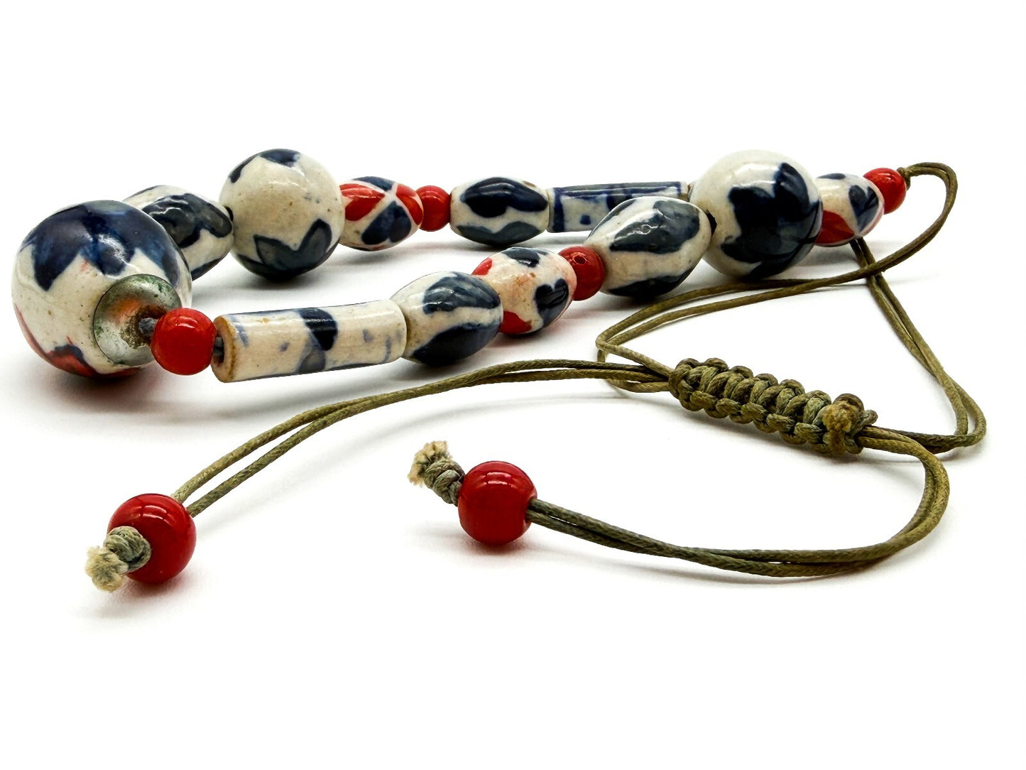 Vintage Red Blue White Ceramic Bead Necklace Adjustable Boho Floral Statement