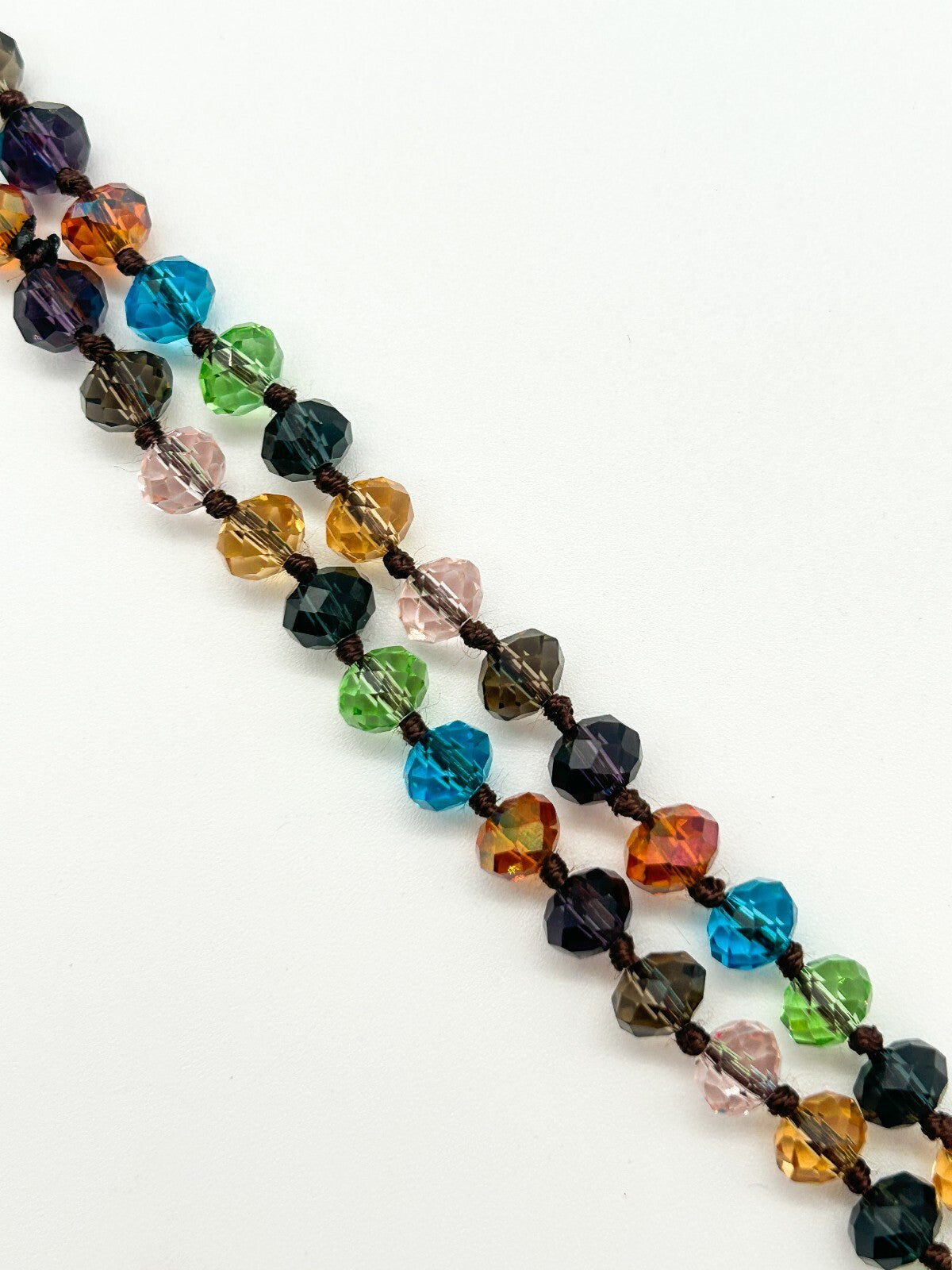 Vintage Multicolour Faceted Crystal Glass Necklace Hand Knotted Rainbow 23"