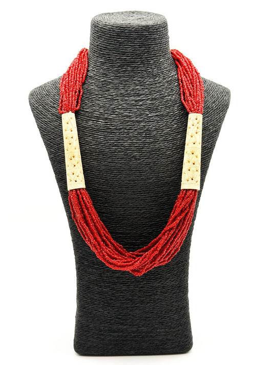 Vintage Red Coral Multi Strand Necklace Carved Organic Material Statement 25”