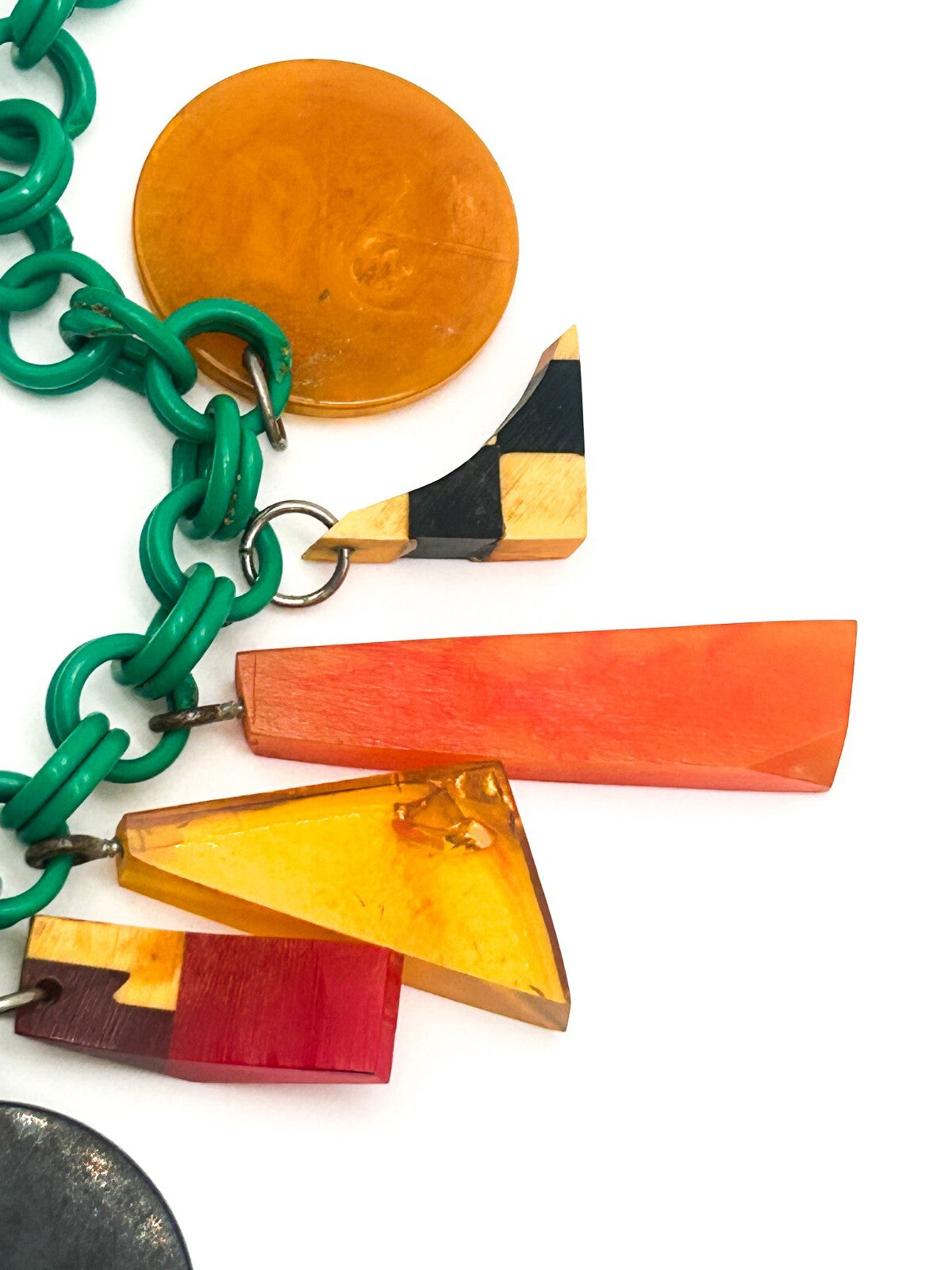Vintage Bakelite Charm Necklace Attrib. Jan Carlin Celluloid Chain Statement