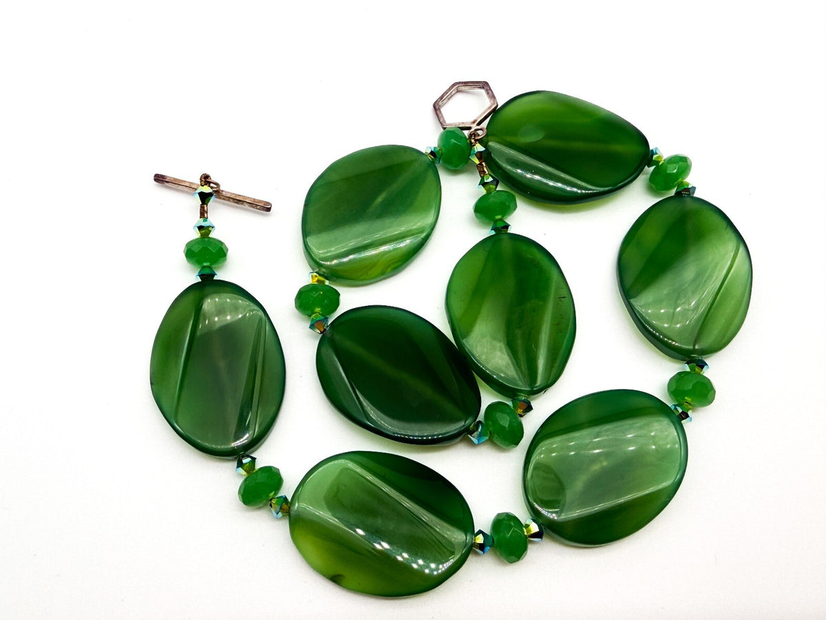 Chunky Green Agate Statement Necklace Faceted Glass Aurora Borealis Beads