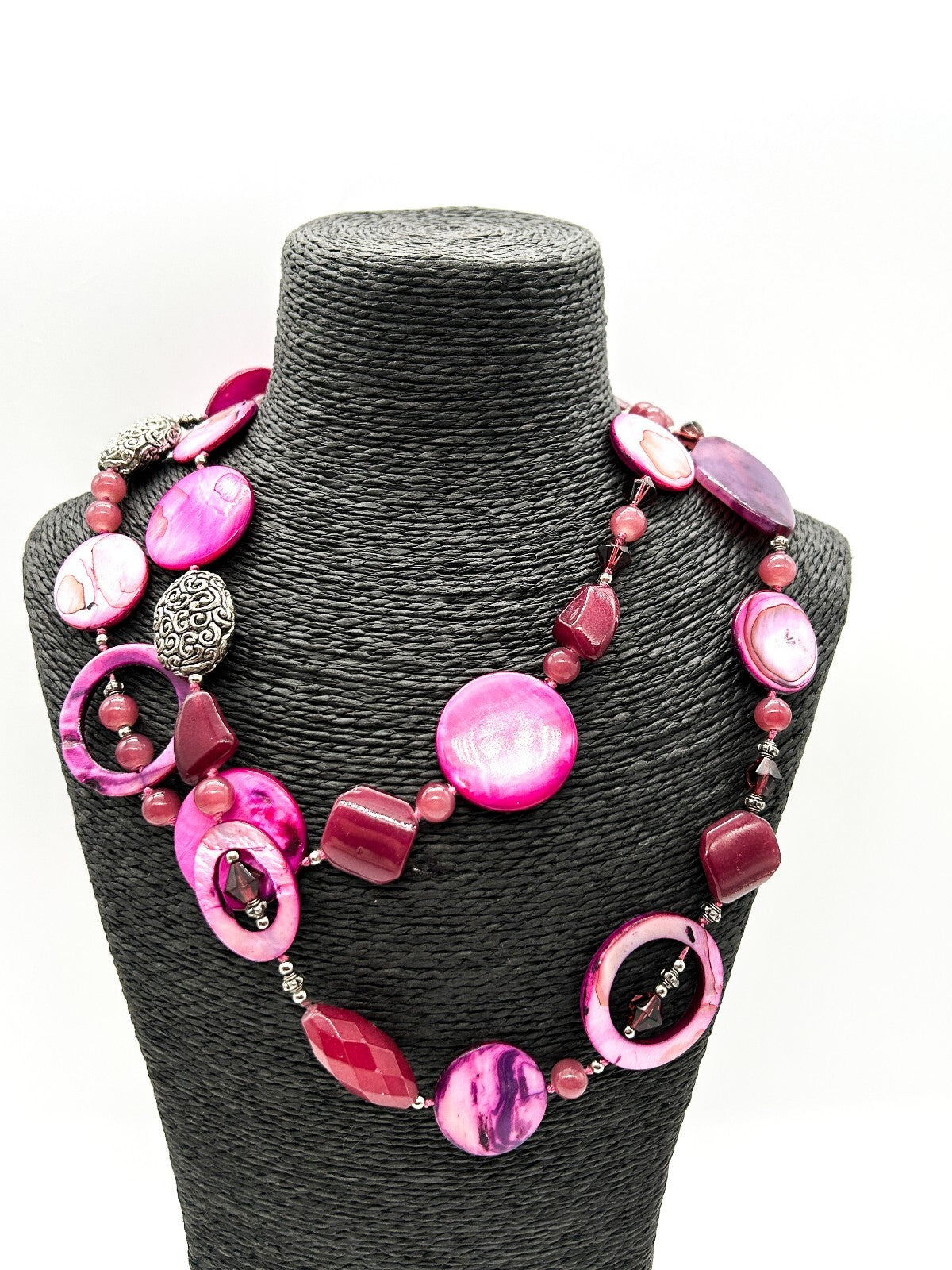 Hand Knotted Pink Shell Statement Necklace Magenta Purple Glass Boho
