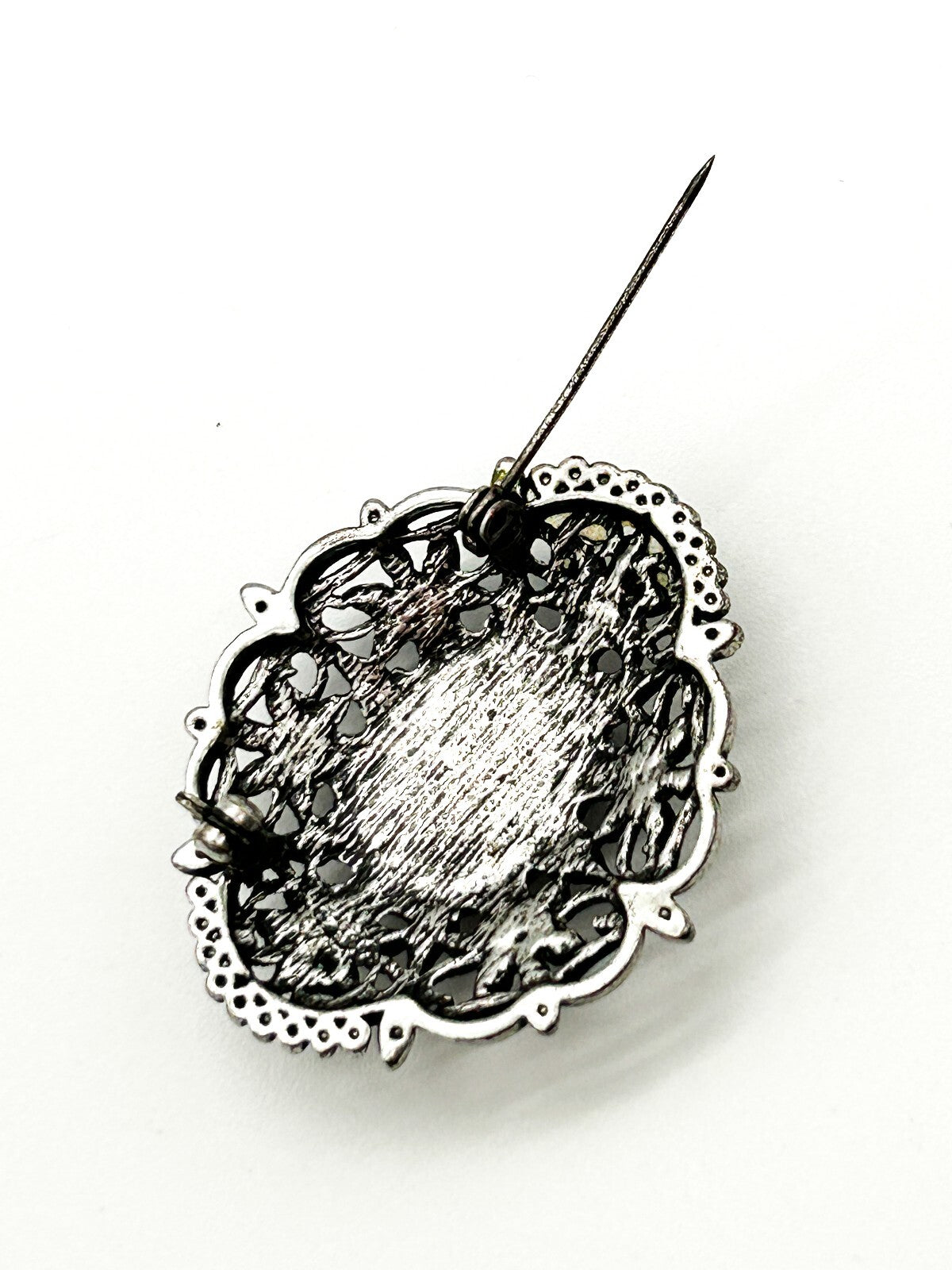 Vintage Style Ornate Cat’s Eye Brooch Grey Glass Cabochon Rhinestone Silver Tone