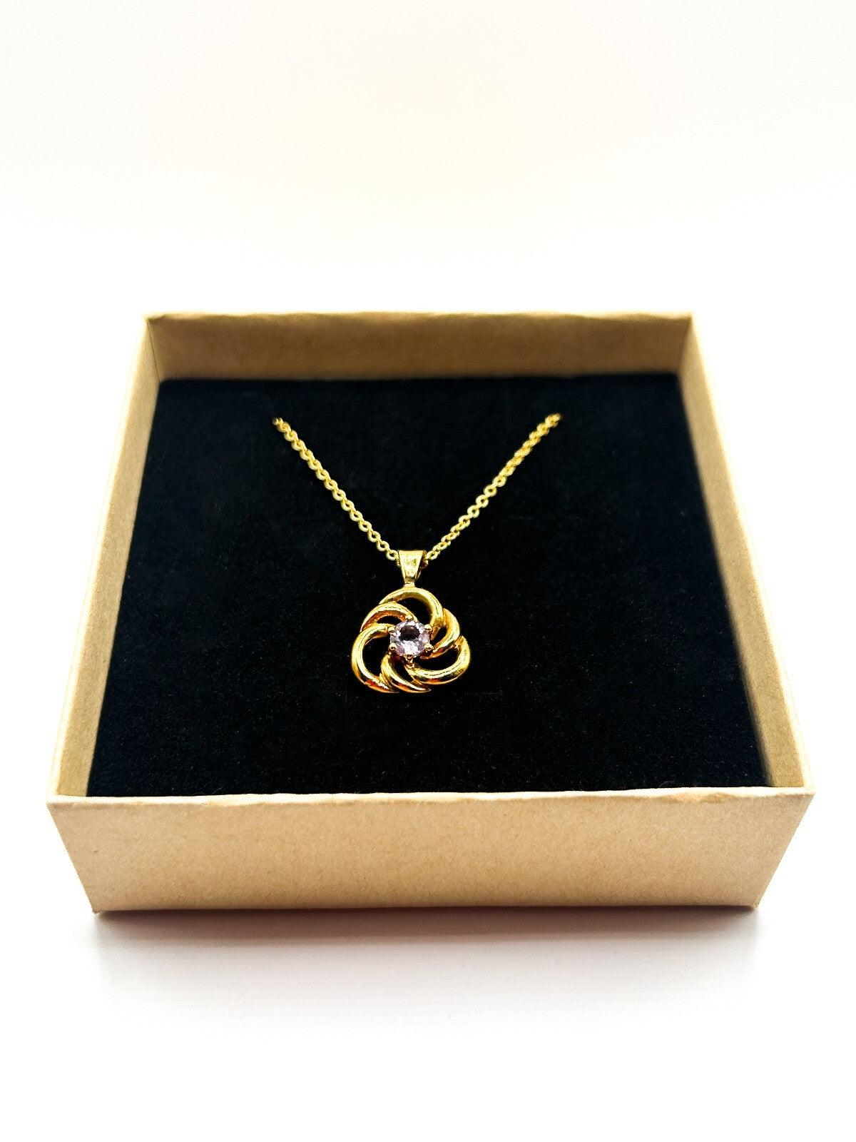 Amethyst Gemstone Swirl Pendant Necklace Gold Tone Fine Chain 17.5”