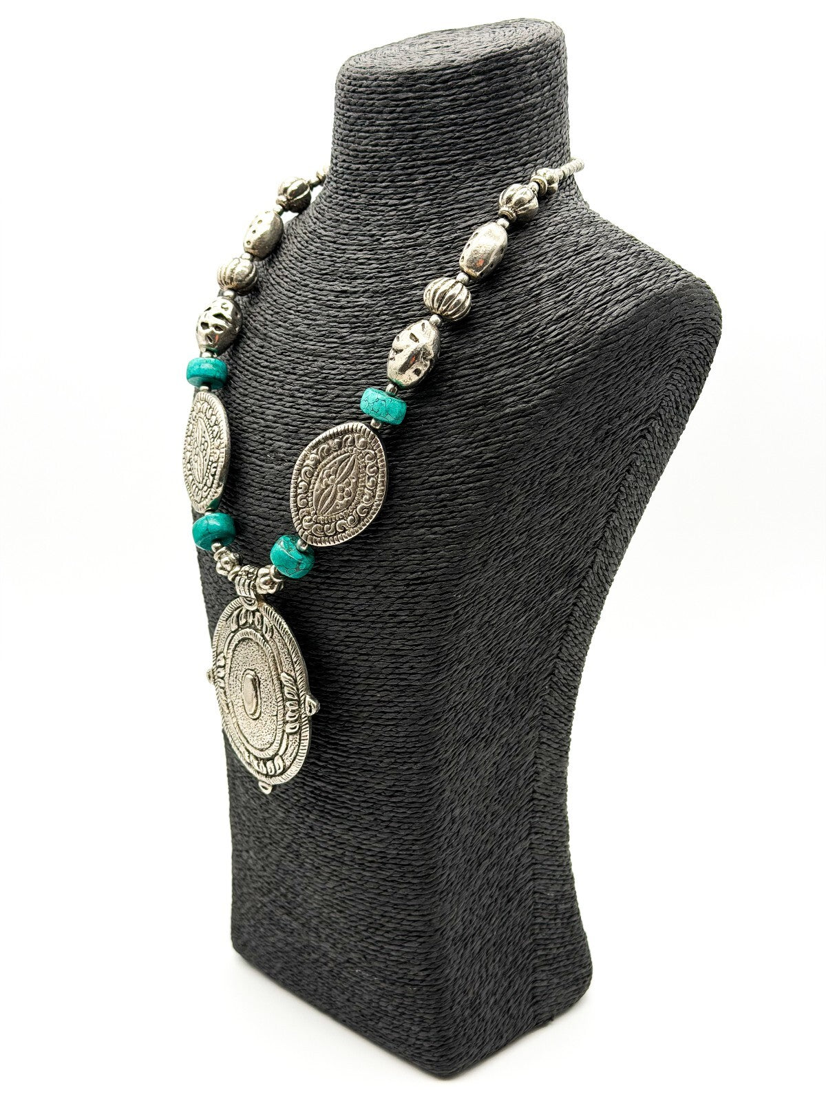 Large Silver Tone Medallion Statement Necklace Turquoise Howlite Boho Festival