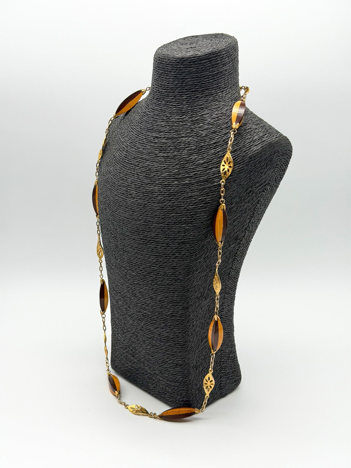 Vintage Two Tone Wood Necklace Gold Tone Openwork Floral Links Long