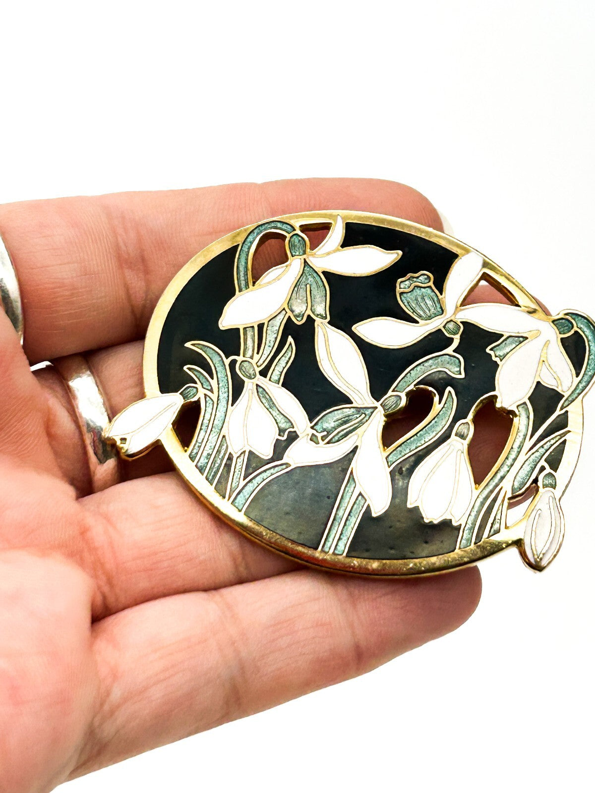 Vintage Fish & Crown Cloisonné Enamel White Floral Snowdrop Brooch Gold Tone Pin