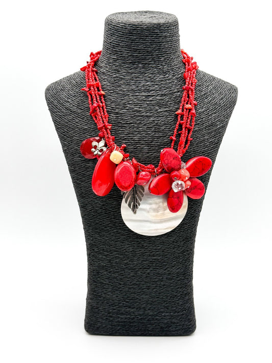 Red Coral Mother of Pearl Floral Necklace Multi Strand Boho Statement Flower