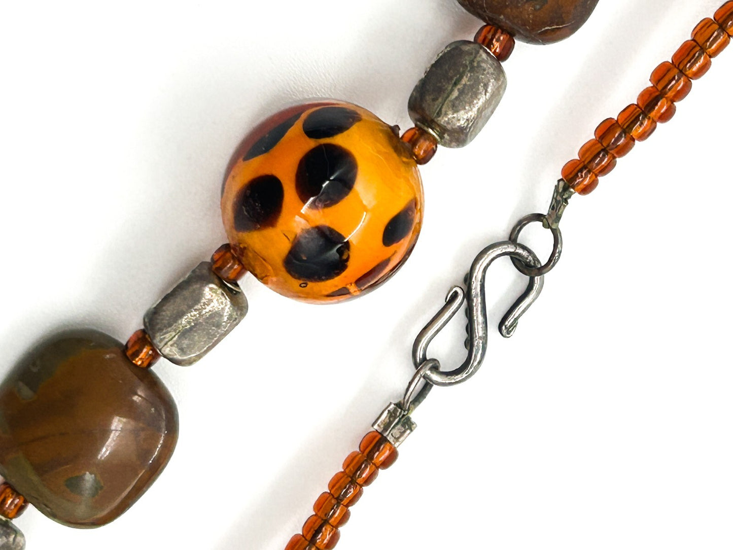 Vintage Jasper & Orange Spotted Glass Bead Necklace Leopard Print Style 19”