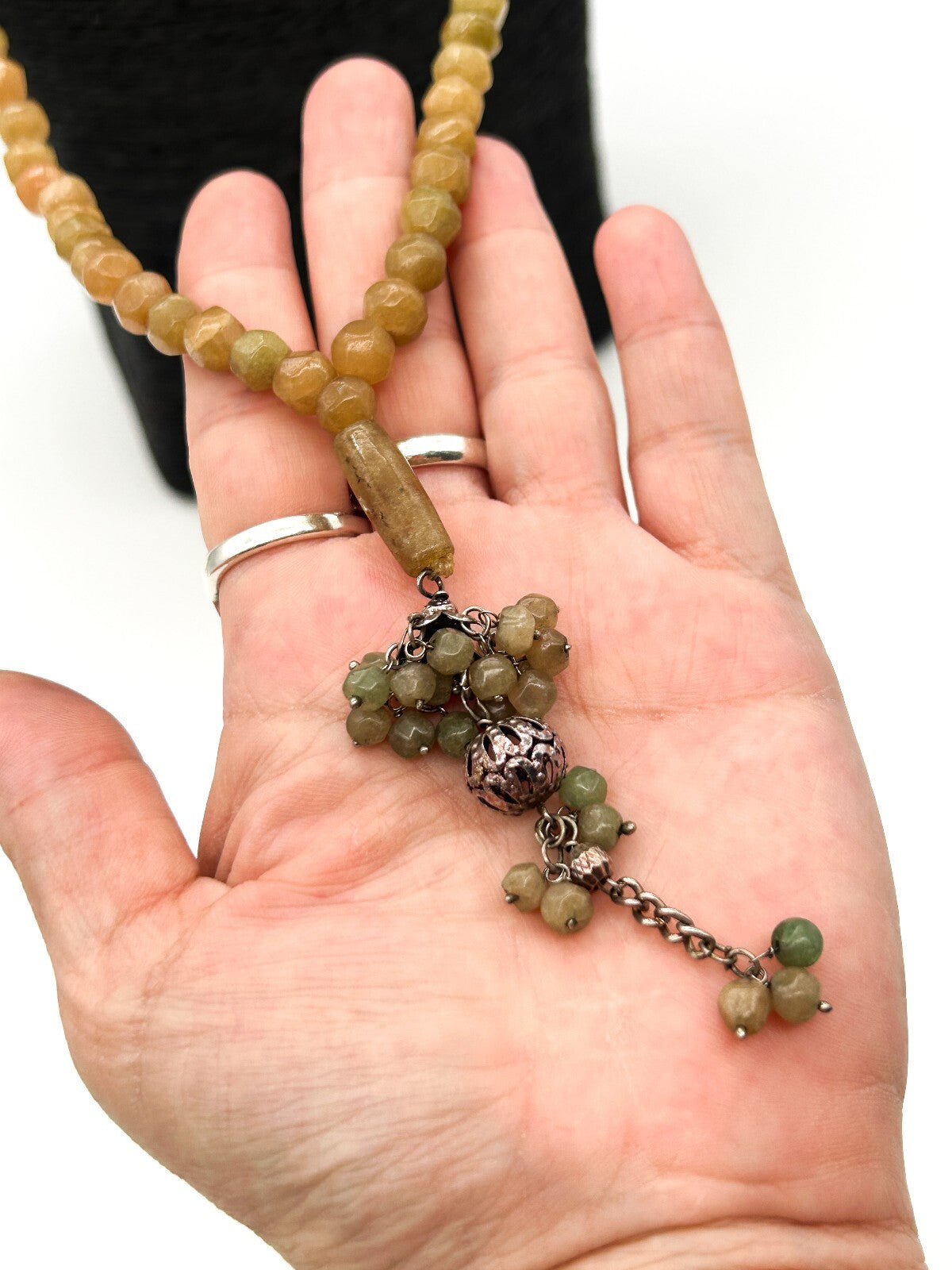Vintage Yellow Jade Beaded Necklace Green Jade Tassel Pendant Gemstone