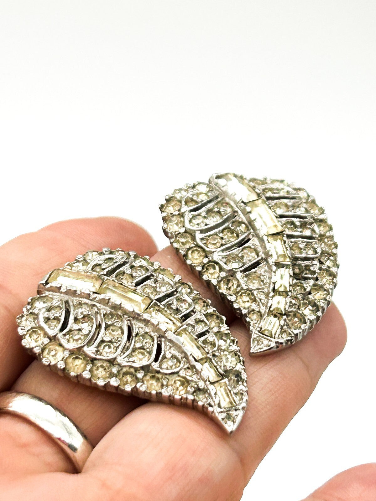 Vintage Rhinestone Duette Dress Clips Brooch Art Deco Style Baguette READ