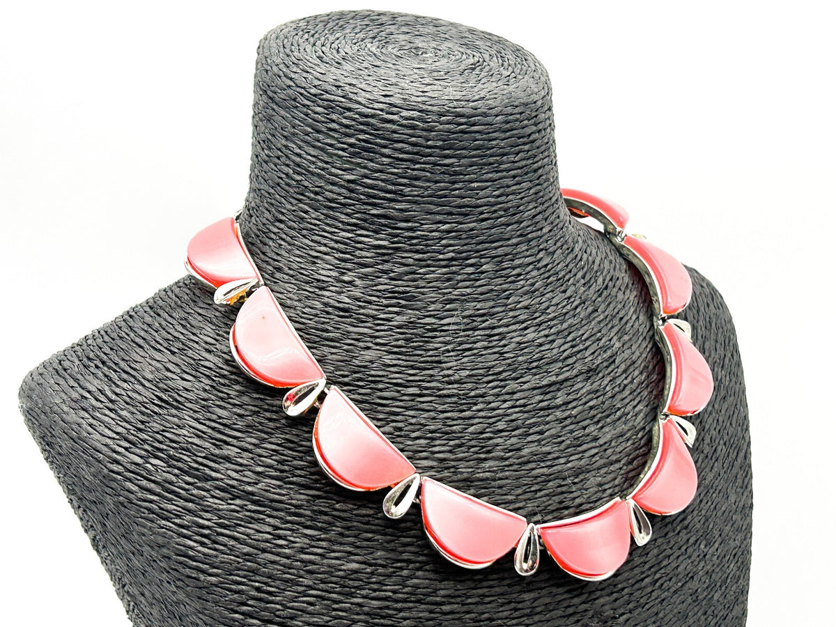 Vintage Star Signed Pink Thermoset Lucite Necklace 1950s Silver Tone Collar