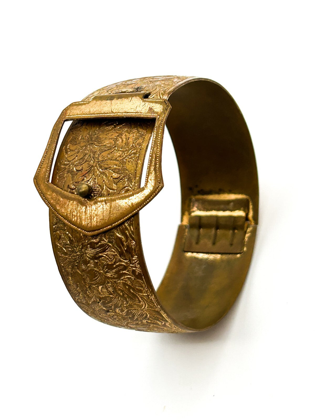 Vintage Ornate Gold Tone Buckle Bangle Embossed Floral Bracelet