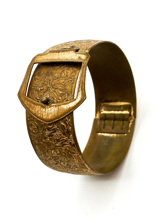Vintage Ornate Gold Tone Buckle Bangle Embossed Floral Bracelet