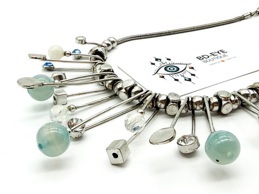 Atomic Statement Necklace Silver Tone Blue Rhinestone Opalite Fringe Modernist