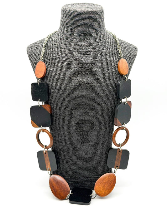 Chunky Wood & Black Resin Geometric Statement Necklace Retro Silver Chain