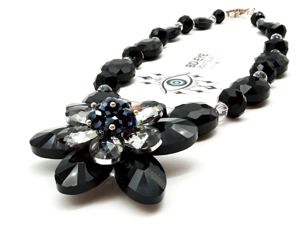 Black Crystal Flower Statement Necklace Earrings Set Faceted Glass Evening Wear