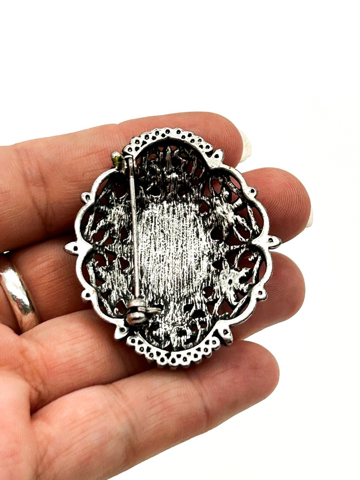 Vintage Style Ornate Cat’s Eye Brooch Grey Glass Cabochon Rhinestone Silver Tone