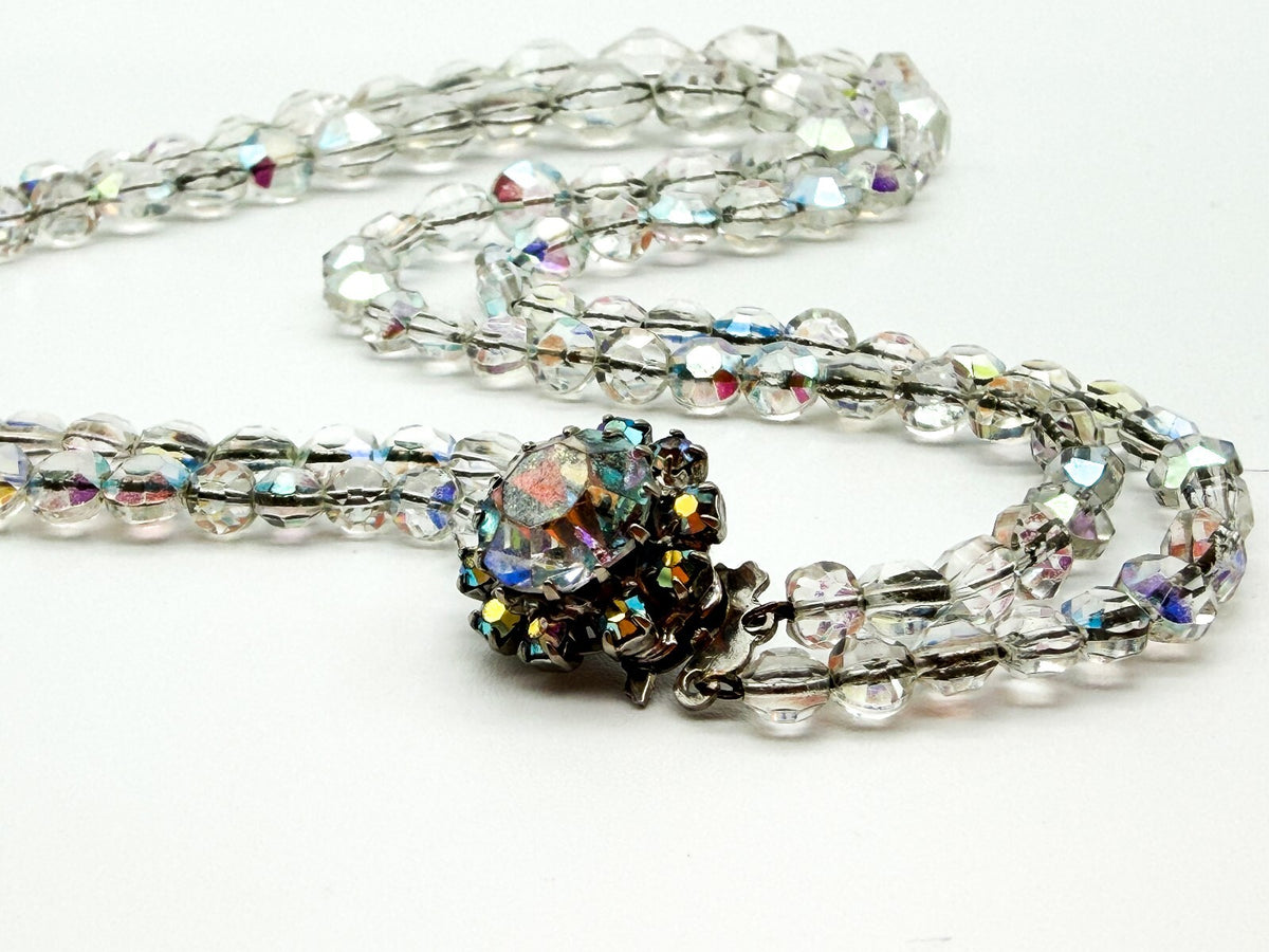 Vintage Aurora Borealis Crystal Glass Double Strand Necklace Rhinestone Clasp