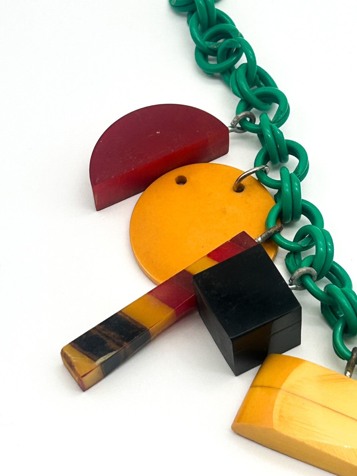 Vintage Bakelite Charm Necklace Attrib. Jan Carlin Celluloid Chain Statement