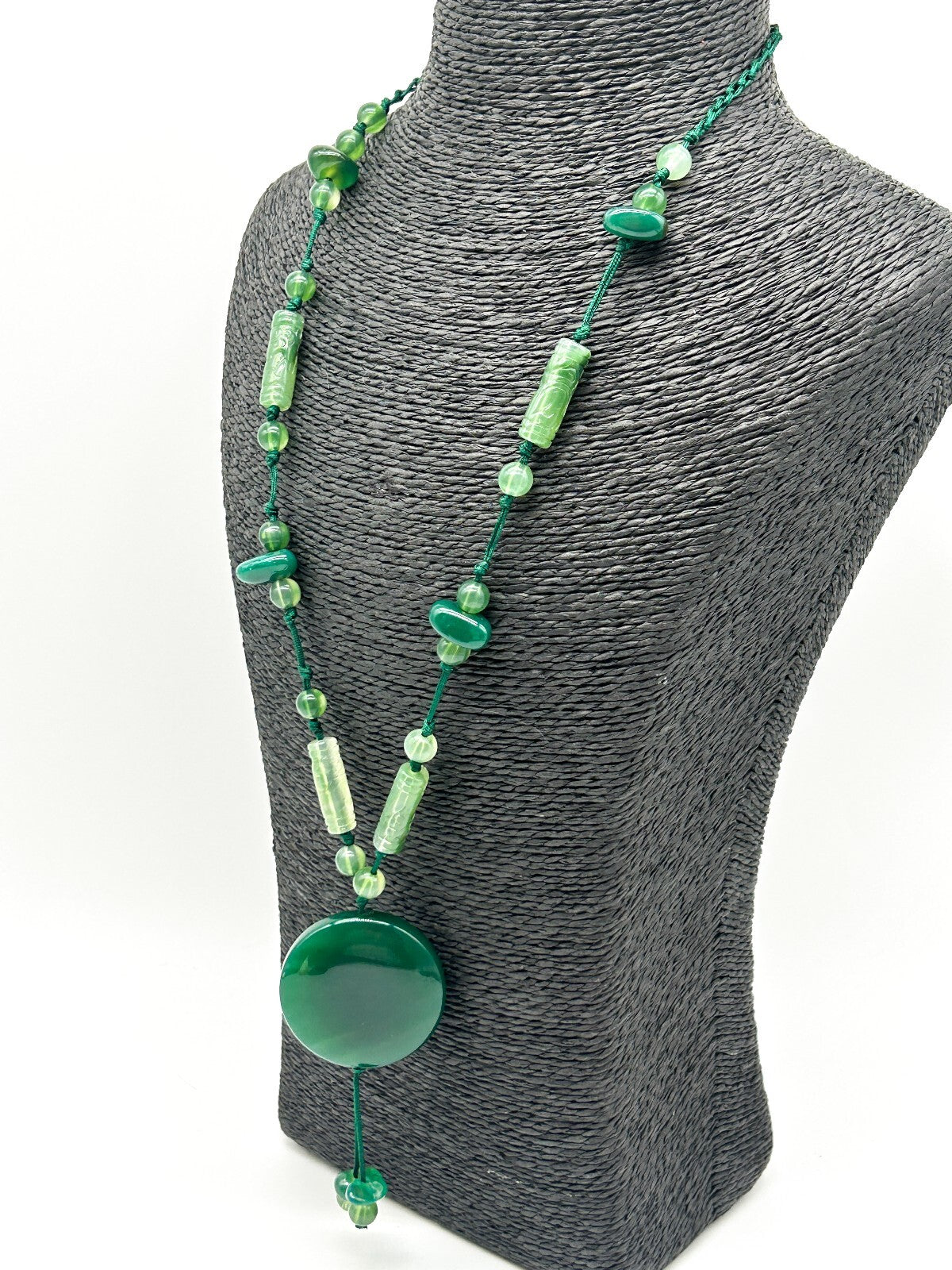 Vintage Green Aventurine Necklace Macrame Disc Pendant Boho Gemstone Tassel
