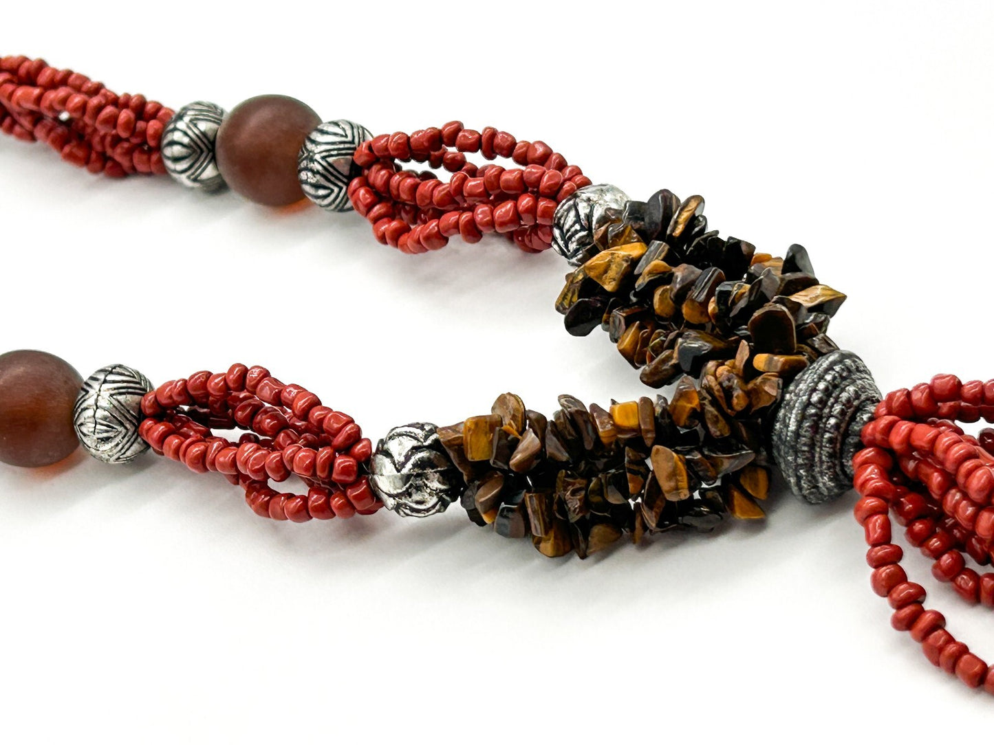 Vintage Tiger’s Eye Amber 6 Strand Tassel Necklace Red Glass Boho Statement