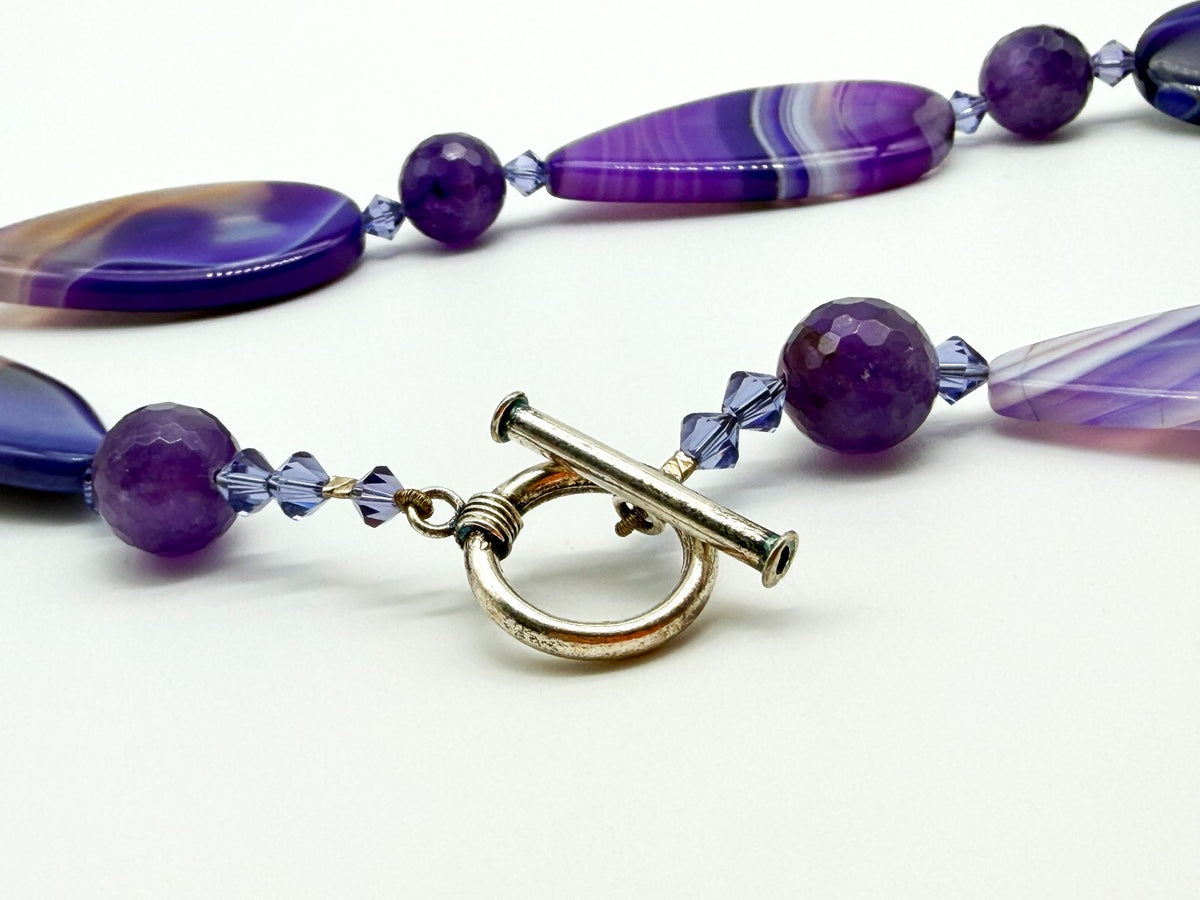 Chunky Amethyst & Purple Banded Agate Gemstone Necklace Faceted Crystal Beads