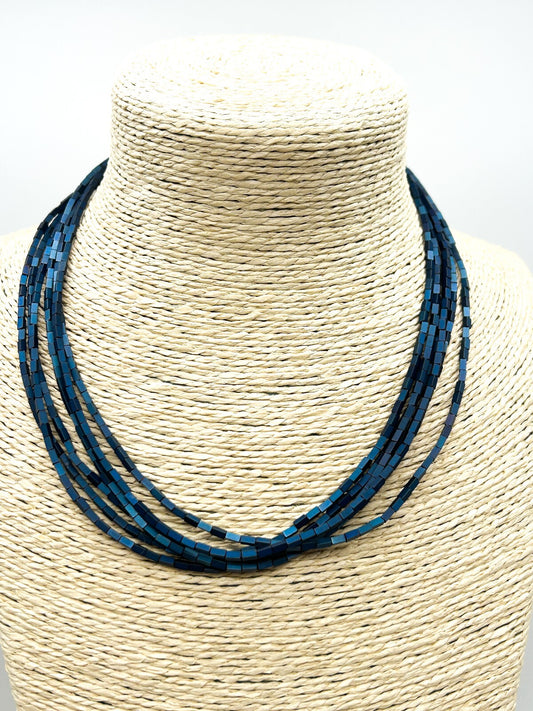 Blue Hematite Multi Strand Necklace Iridescent Rectangular Beads 19”