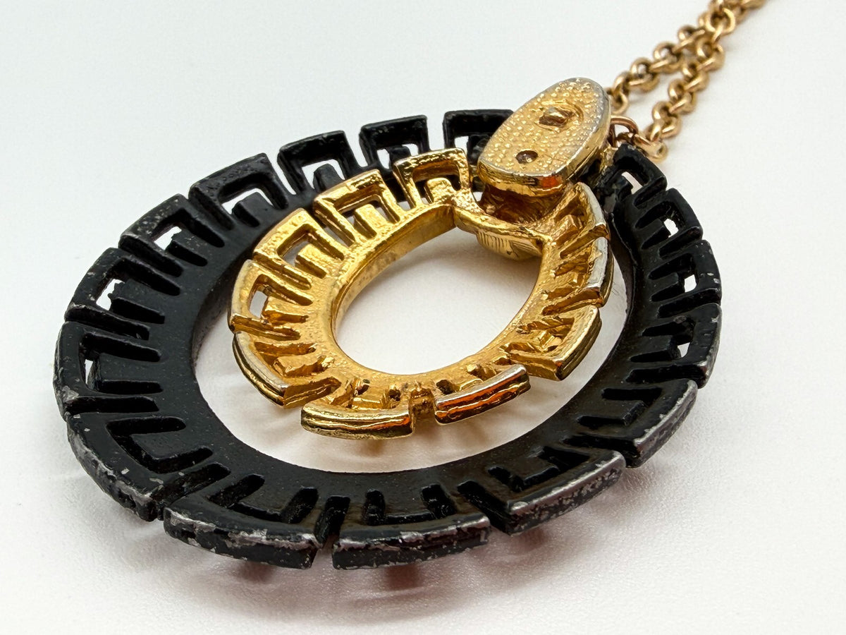Vintage Black Gold Tone Greek Key Statement Necklace Oval Pendant 17” Geometric