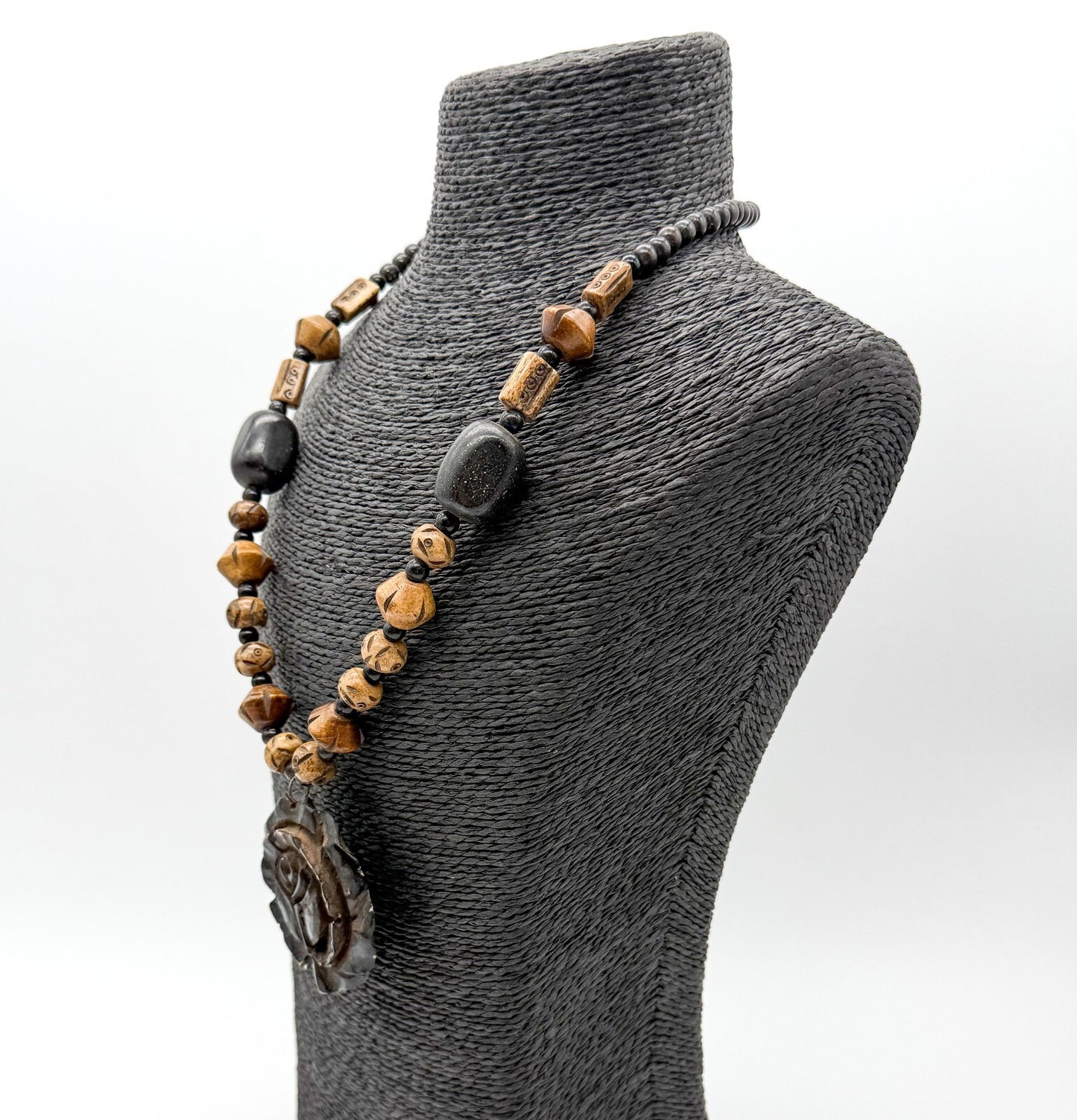 Vintage Boho Carved Organic Material Tribal Necklace Wood Bead Flower Pendant