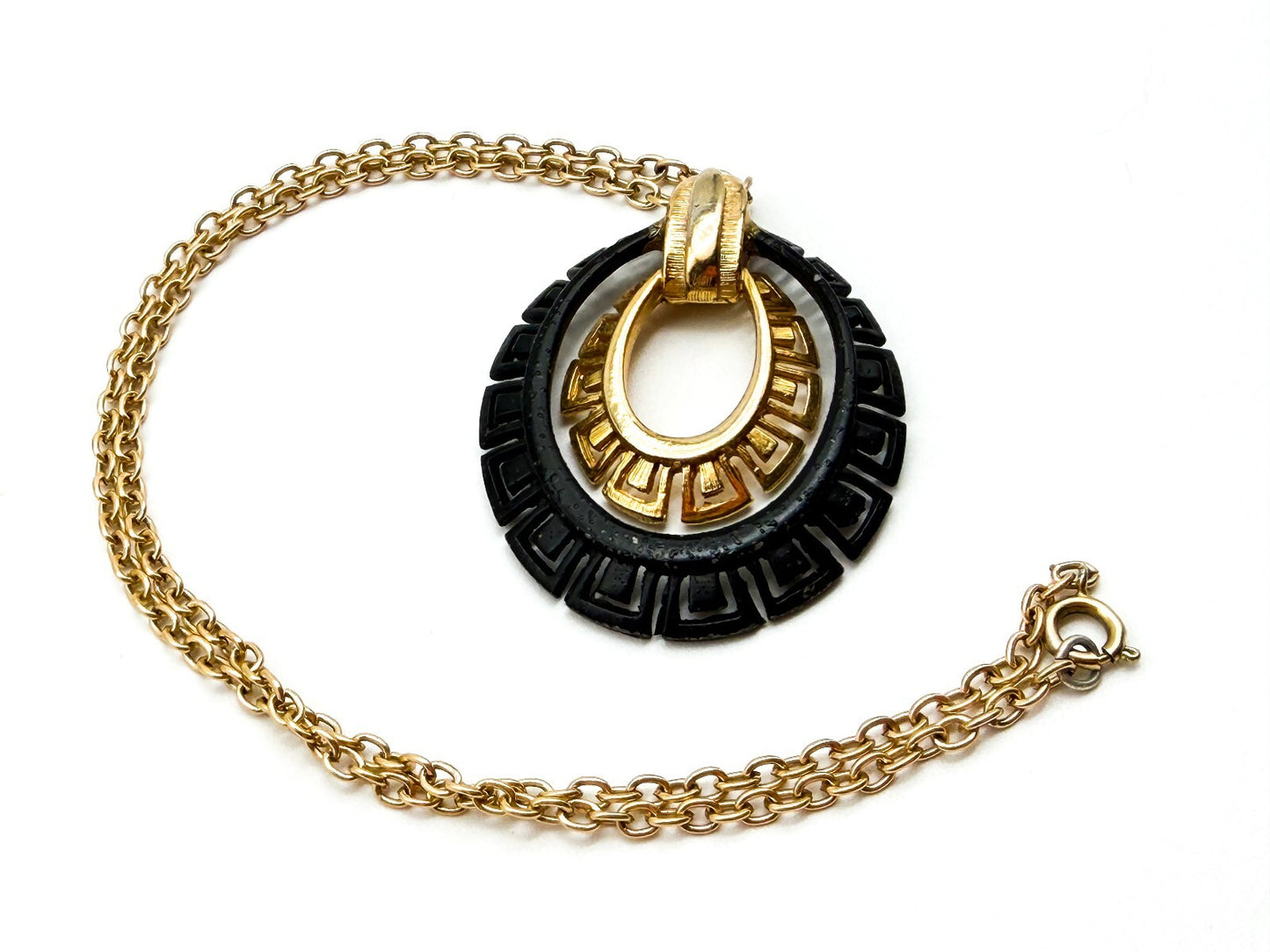 Vintage Black Gold Tone Greek Key Statement Necklace Oval Pendant 17” Geometric