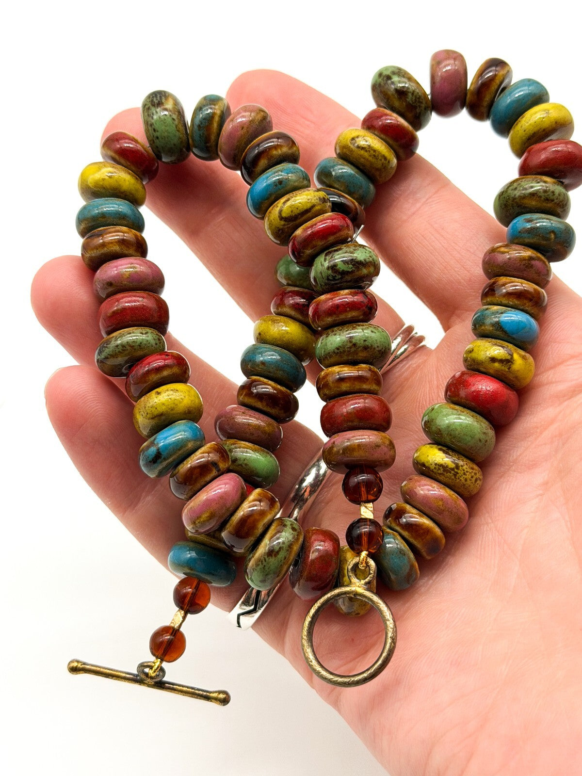Multicolour Glazed Ceramic Disc Necklace Artisan Boho Statement Toggle Earthy
