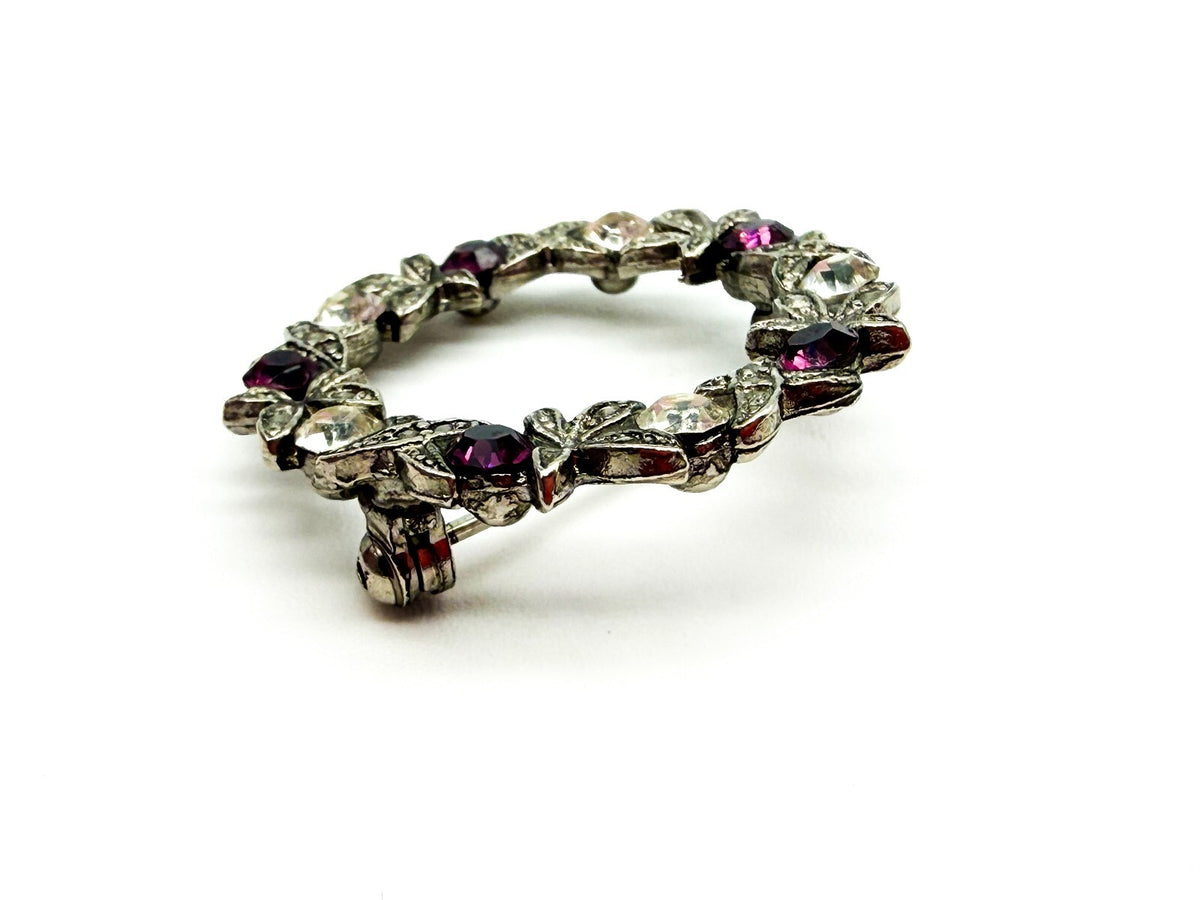 Vintage Purple & Clear Rhinestone Wreath Brooch Silver Tone Floral Pin