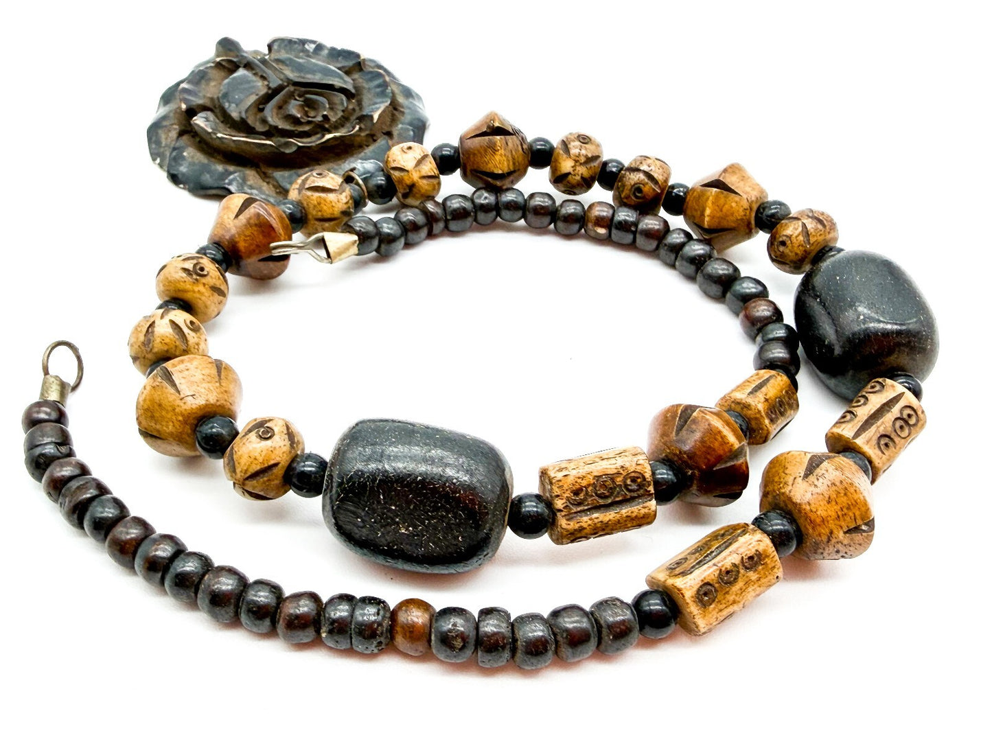 Vintage Boho Carved Organic Material Tribal Necklace Wood Bead Flower Pendant
