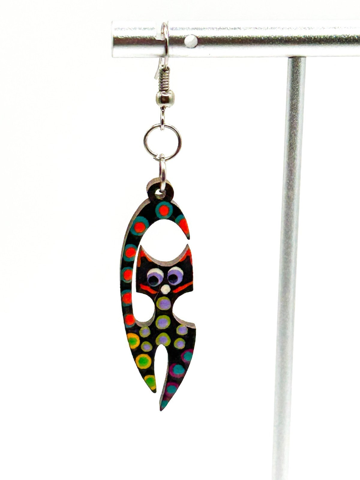 Hand Painted Wooden Cat Earrings Colourful Folk Art Dangle Quirky Felines