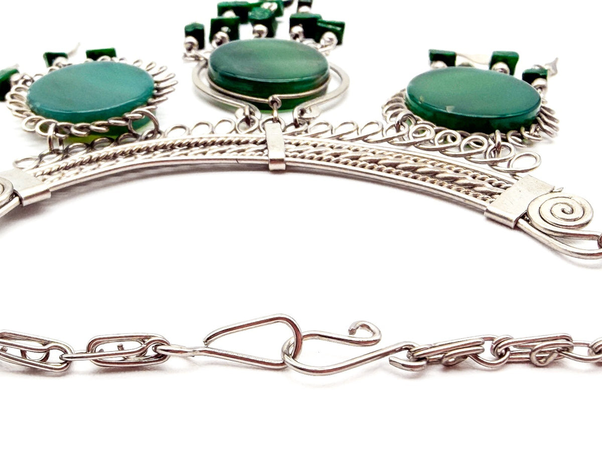 Peruvian Alpaca Silver Green Agate Necklace Earrings Set Malachite Bib Statement