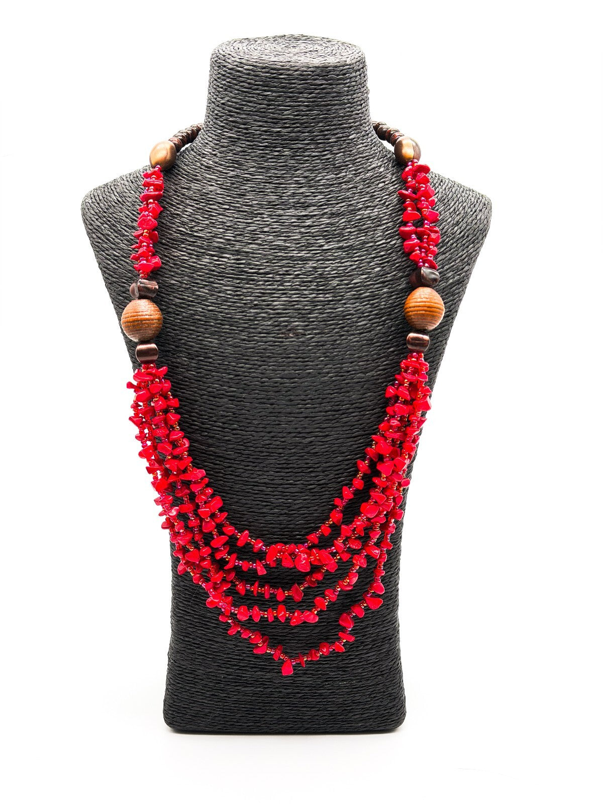 Red Coral Chip 5 Strand Necklace Wood Beads AB Glass Seed Beads 26” Statement
