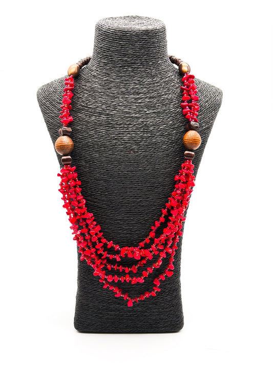 Red Coral Chip 5 Strand Necklace Wood Beads AB Glass Seed Beads 26” Statement