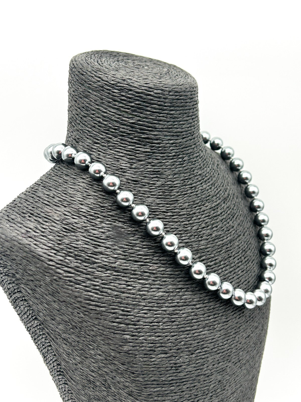 Vintage Grey Faux Pearl Necklace Bracelet Set Rhinestone Heart Clasp 19” 8.5”