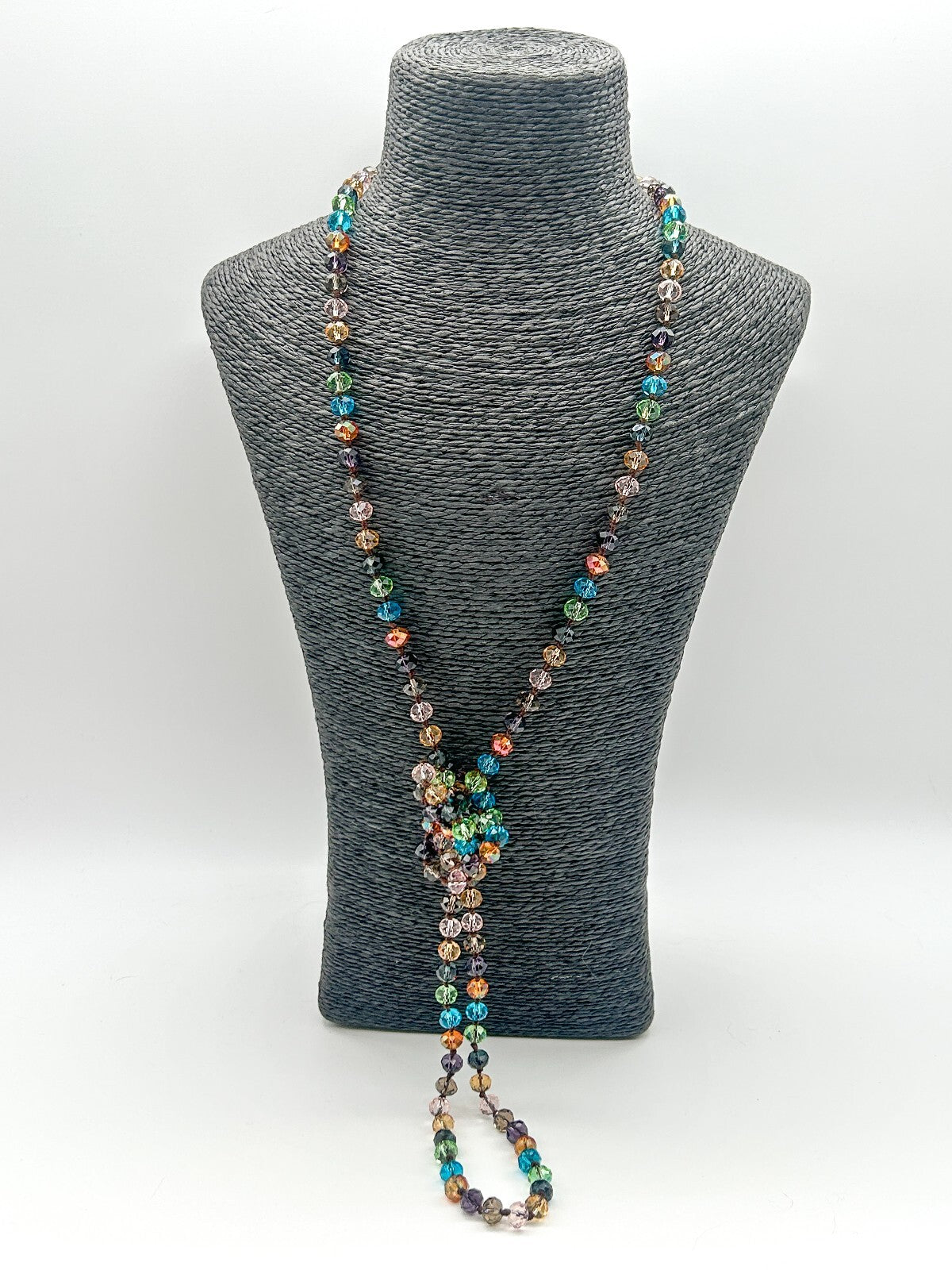 Vintage Multicolour Faceted Crystal Glass Necklace Hand Knotted Rainbow 23"