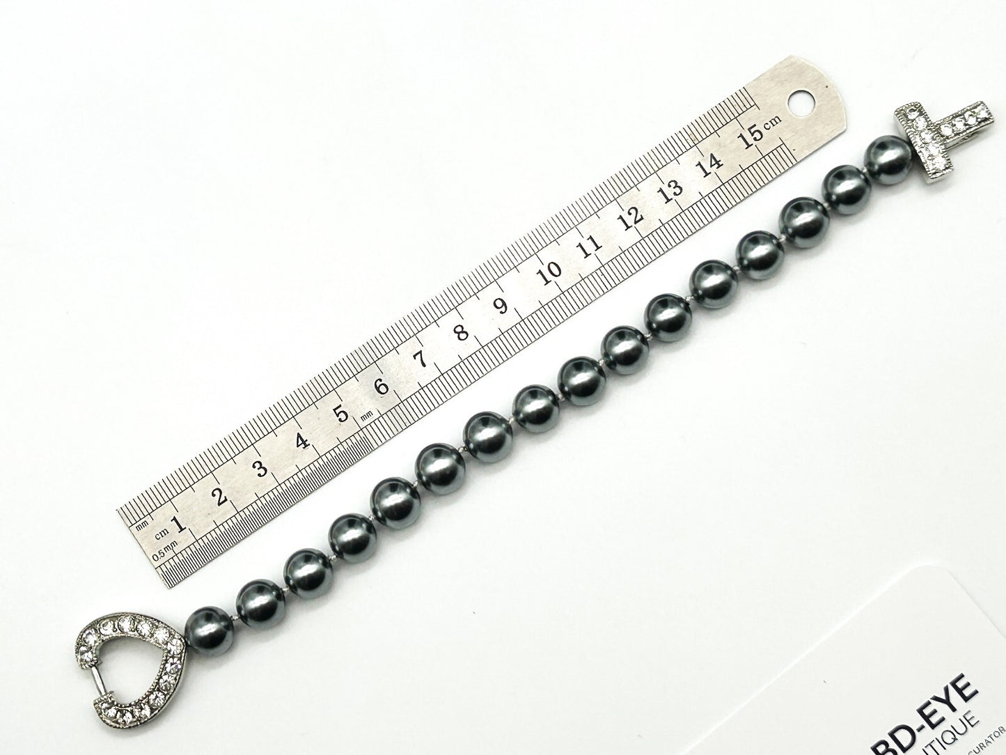 Vintage Grey Faux Pearl Necklace Bracelet Set Rhinestone Heart Clasp 19” 8.5”