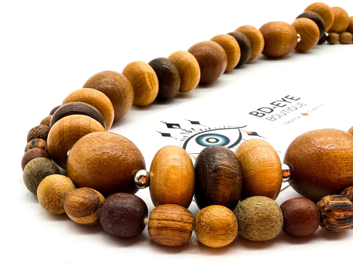Boho Chunky Wooden Bead Necklace Bundle Layered Natural Wood Earthy Festival