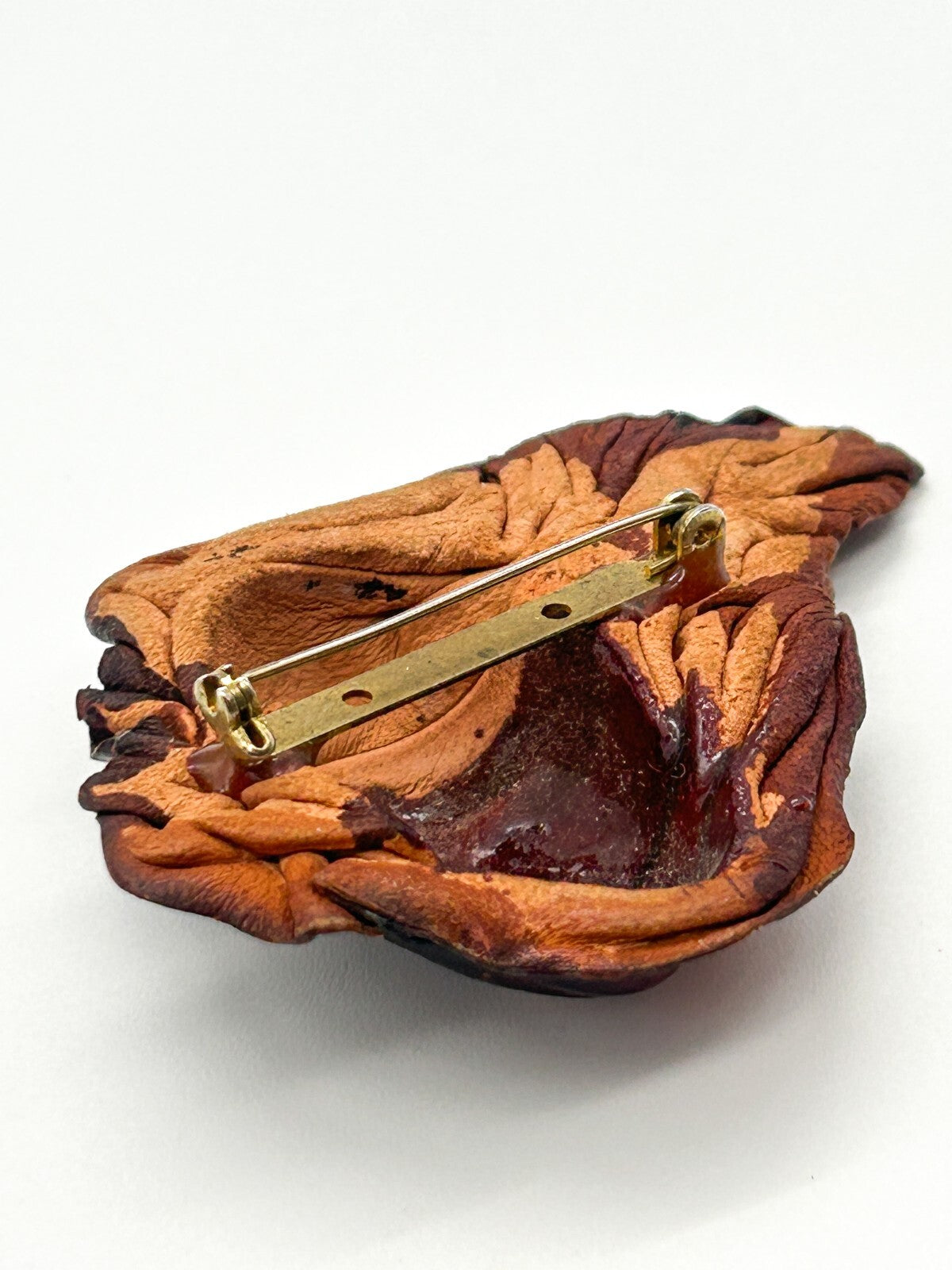 Vintage Hand Moulded Leather Veiled Face Brooch Artisan Sculpted Figural Pin