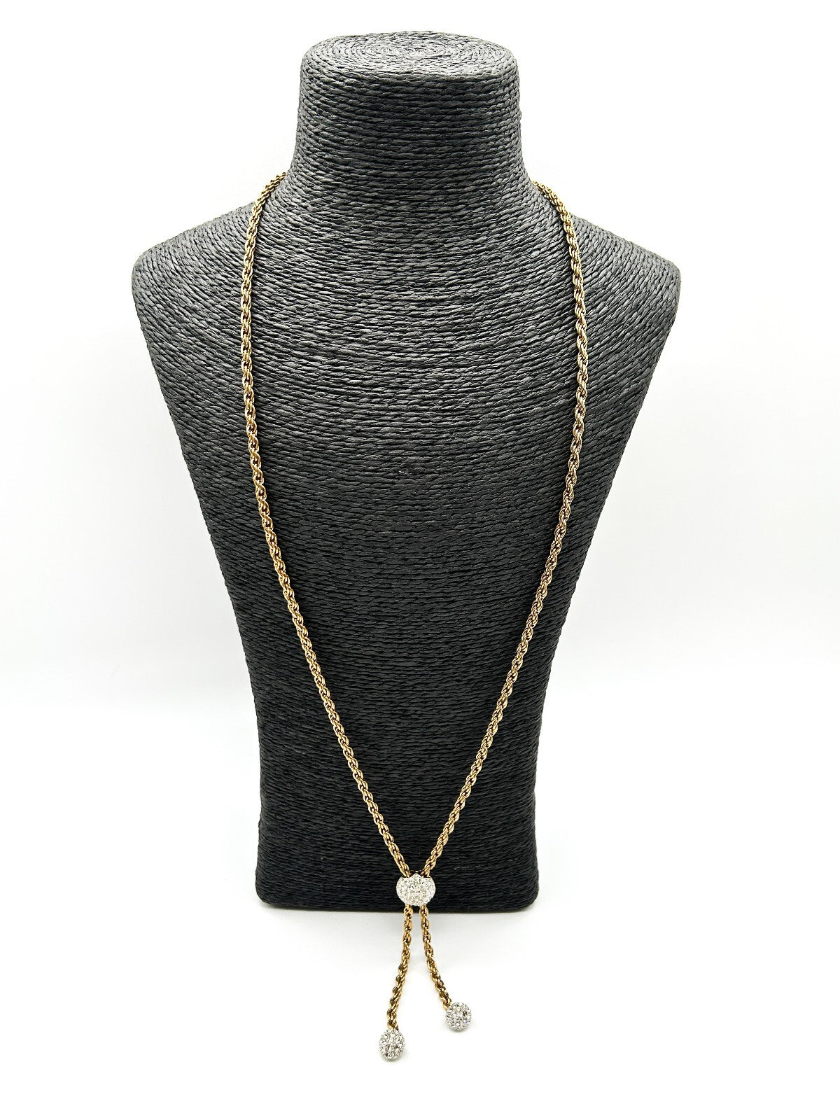 Vintage Gold Tone Rhinestone Bolo Necklace Twisted Rope Chain Adjustable Tassel