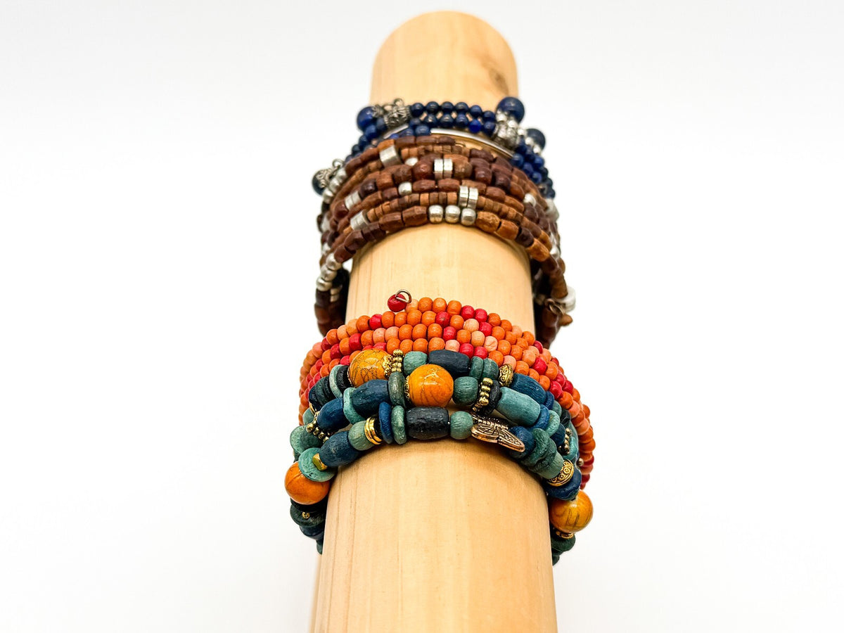 Boho Memory Wire Bracelet Bundle Set 4 Lapis Lazuli Wood Beaded Stack Bracelets