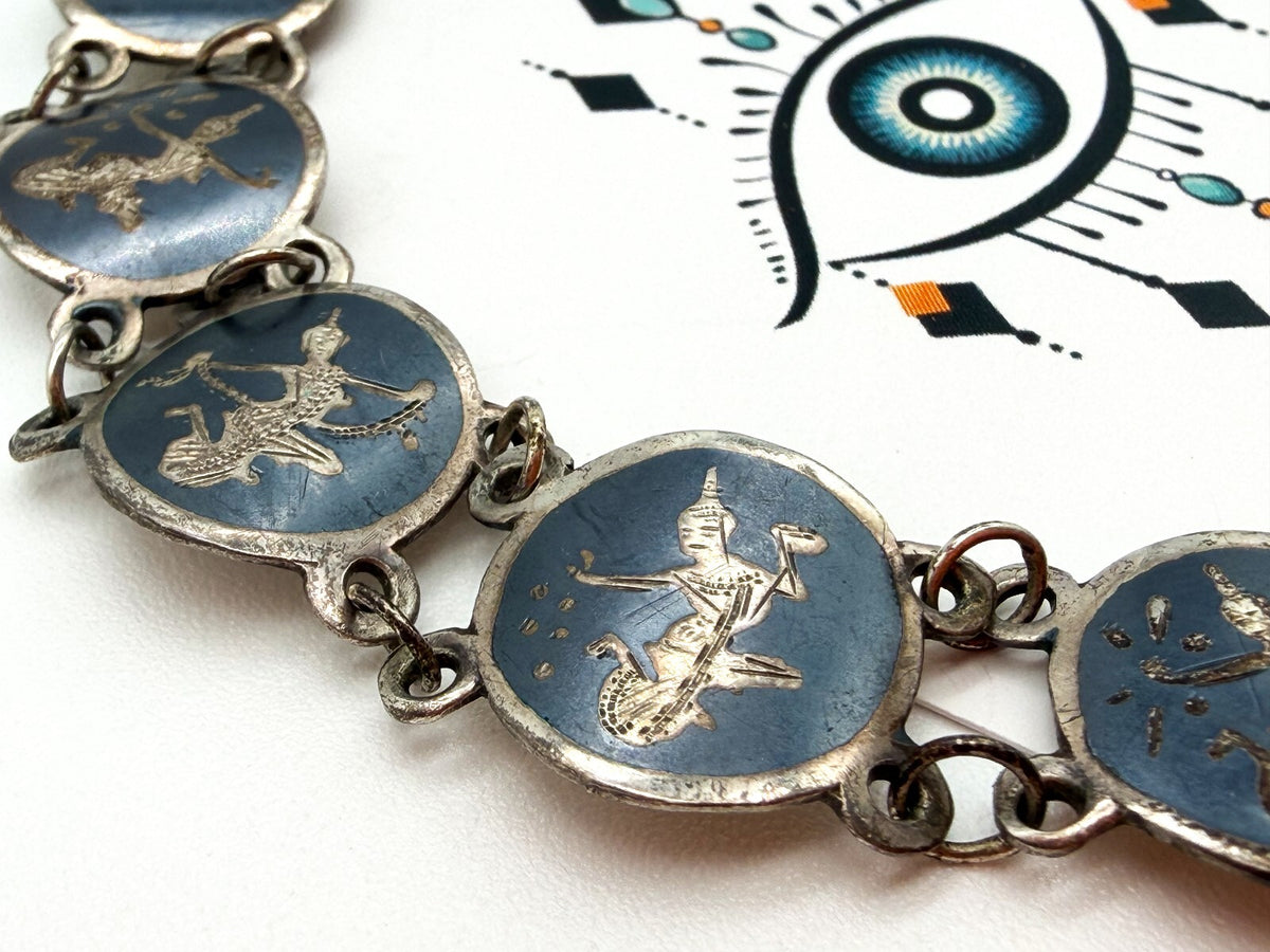 Vintage Siam Sterling Silver Niello Bracelet Thai Dancer Panels 7.5”