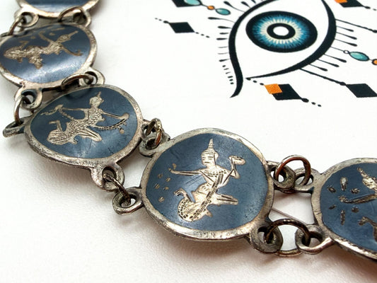 Vintage Siam Sterling Silver Niello Bracelet Thai Dancer Panels 7.5”