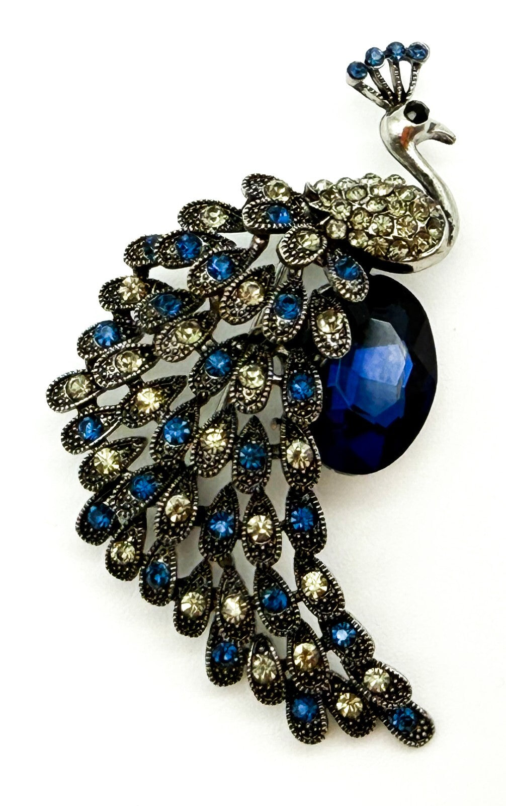 Peacock Rhinestone Brooch Blue Faceted Glass Bird Pin Silver Tone Statement