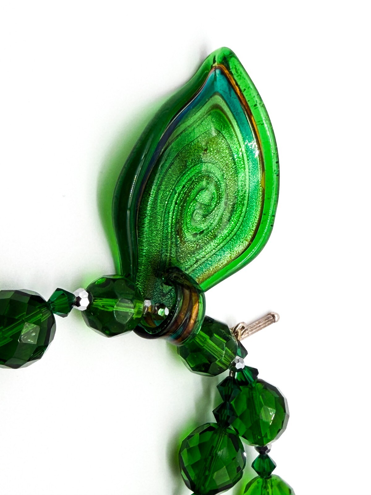 Murano Style Swirl Art Glass Pendant Necklace Green Crystal Glass Toggle Clasp