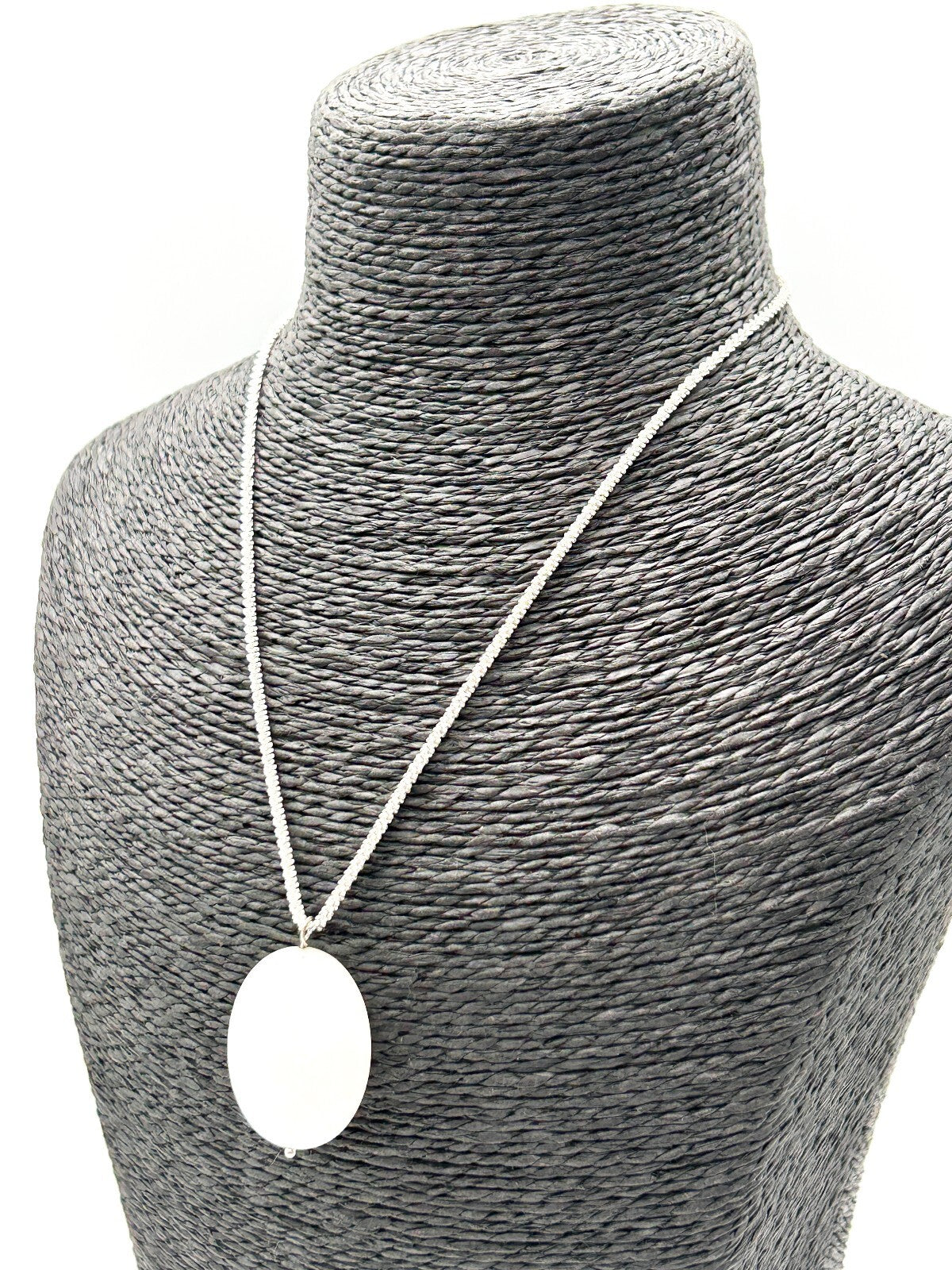 Natural White Jade Pendant Necklace Faceted Oval Gemstone 16.5” Silver Tone